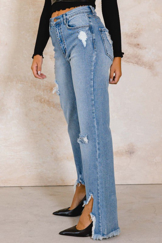 HIGH RISE DISTRESSED WIDE JEANS - Evolve Elegance Boutique