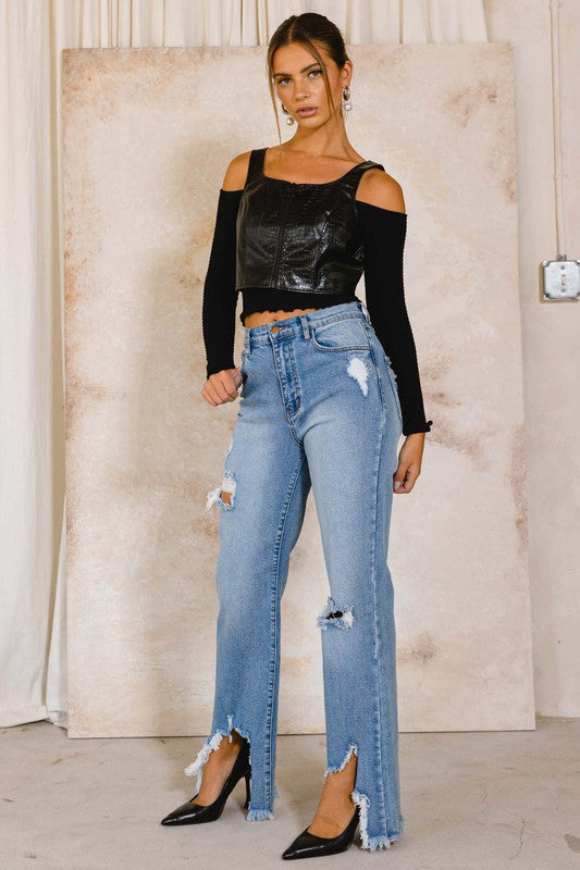 HIGH RISE DISTRESSED WIDE JEANS - Evolve Elegance Boutique