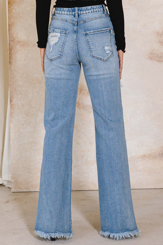 HIGH RISE DISTRESSED WIDE JEANS - Evolve Elegance Boutique