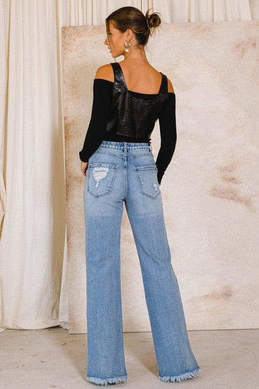 HIGH RISE DISTRESSED WIDE JEANS - Evolve Elegance Boutique