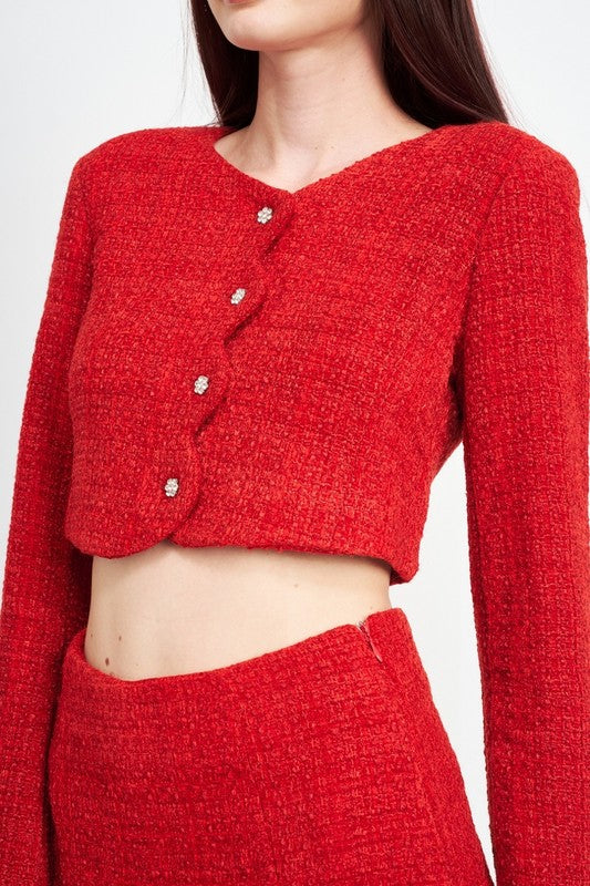 LONG SLEEVE BUTTON UP CROPPED TOP - Evolve Elegance Boutique