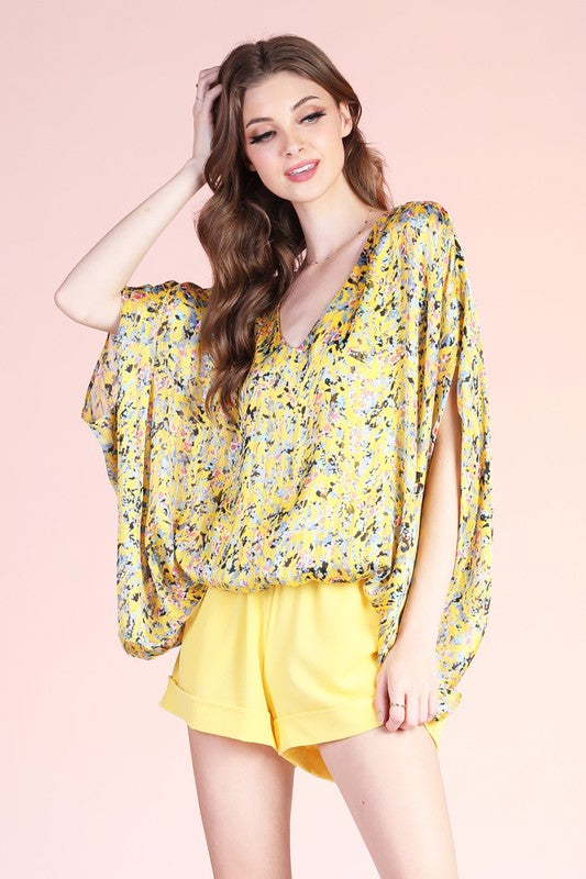 DITSY PIXEL CAFTAN TOP WITH BACK BAND - Evolve Elegance Boutique