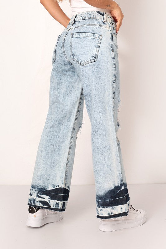 DISTRESSED ACID WASH RELEASED HEM WIDE LEG JEAN - Evolve Elegance Boutique