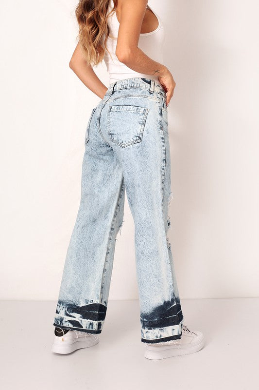DISTRESSED ACID WASH RELEASED HEM WIDE LEG JEAN - Evolve Elegance Boutique