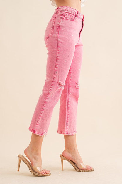 STUDDED RHINESTONE DISTRESSED DENIM JEANS - Evolve Elegance Boutique