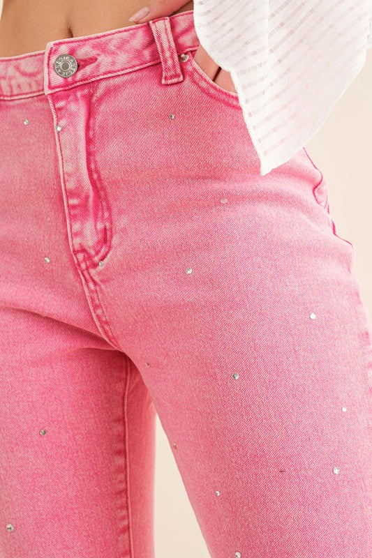 STUDDED RHINESTONE DISTRESSED DENIM JEANS - Evolve Elegance Boutique