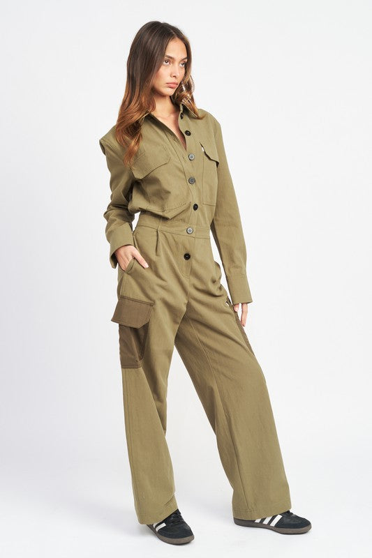 BOTTON DOWN CARGO JUMPSUIT - Evolve Elegance Boutique