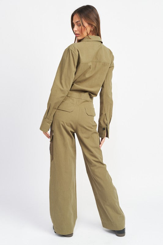 BOTTON DOWN CARGO JUMPSUIT - Evolve Elegance Boutique