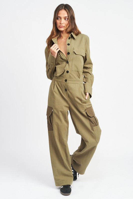 BOTTON DOWN CARGO JUMPSUIT - Evolve Elegance Boutique