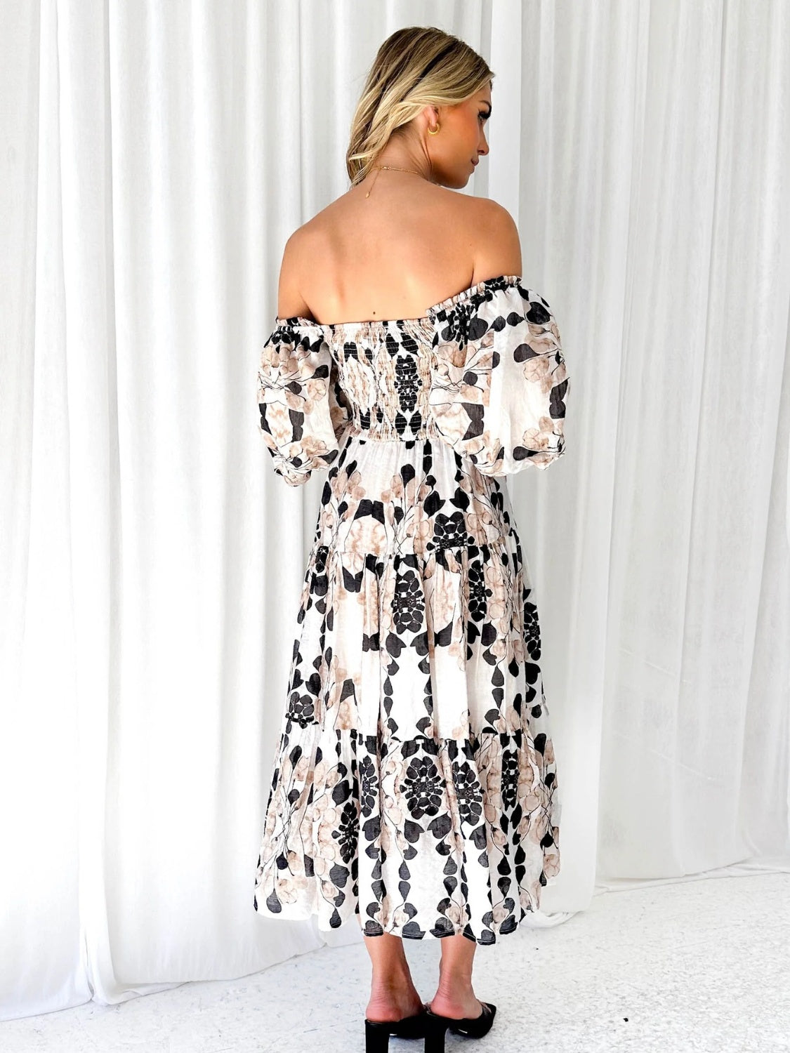 PRINTED SMOCKED OFF-SHOULDER TIERED DRESS - Evolve Elegance Boutique