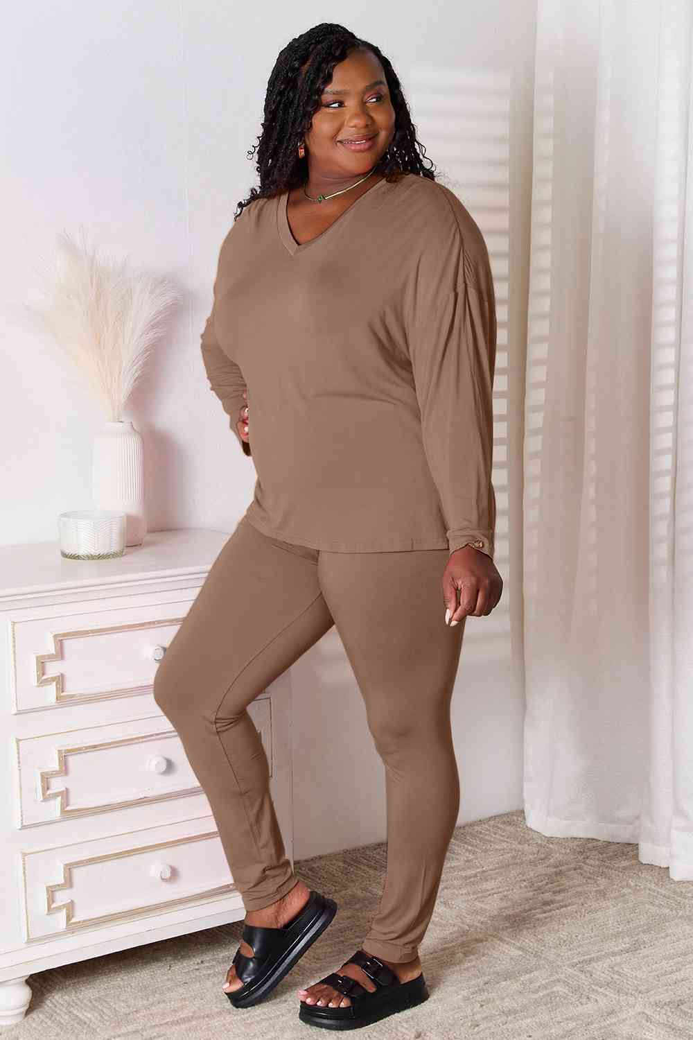 BASIC BAE FULL SIZE V-NECK SOFT RAYON LONG SLEEVE TOP AND PANTS LOUNGE SET - Evolve Elegance Boutique