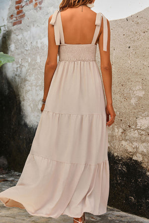 TIE SHOULDER SMOCKED TIERED DRESS - Evolve Elegance Boutique