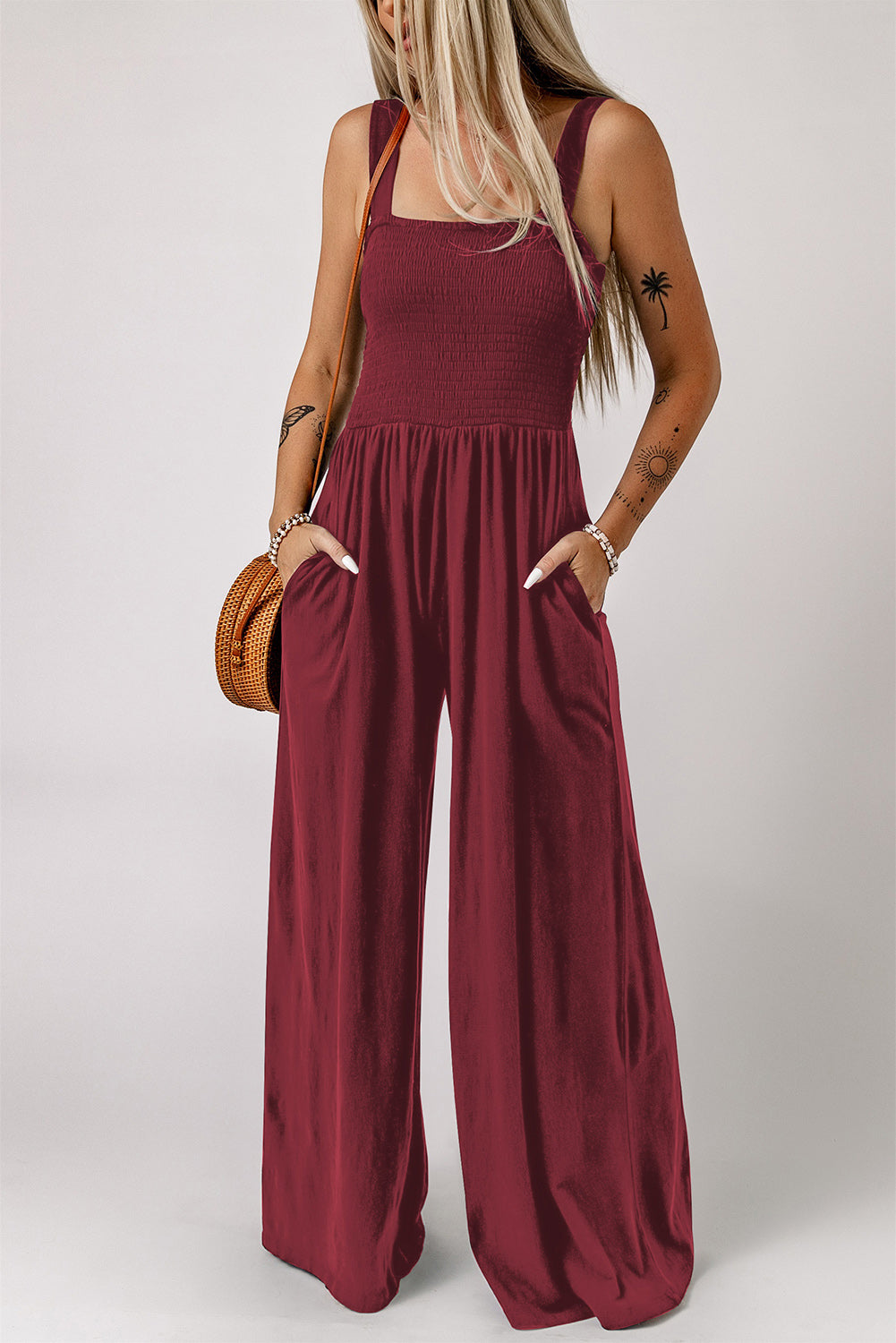 SMOCKED SQUARE NECK WIDE LEG JUMPSUIT WITH POCKETS - Evolve Elegance Boutique