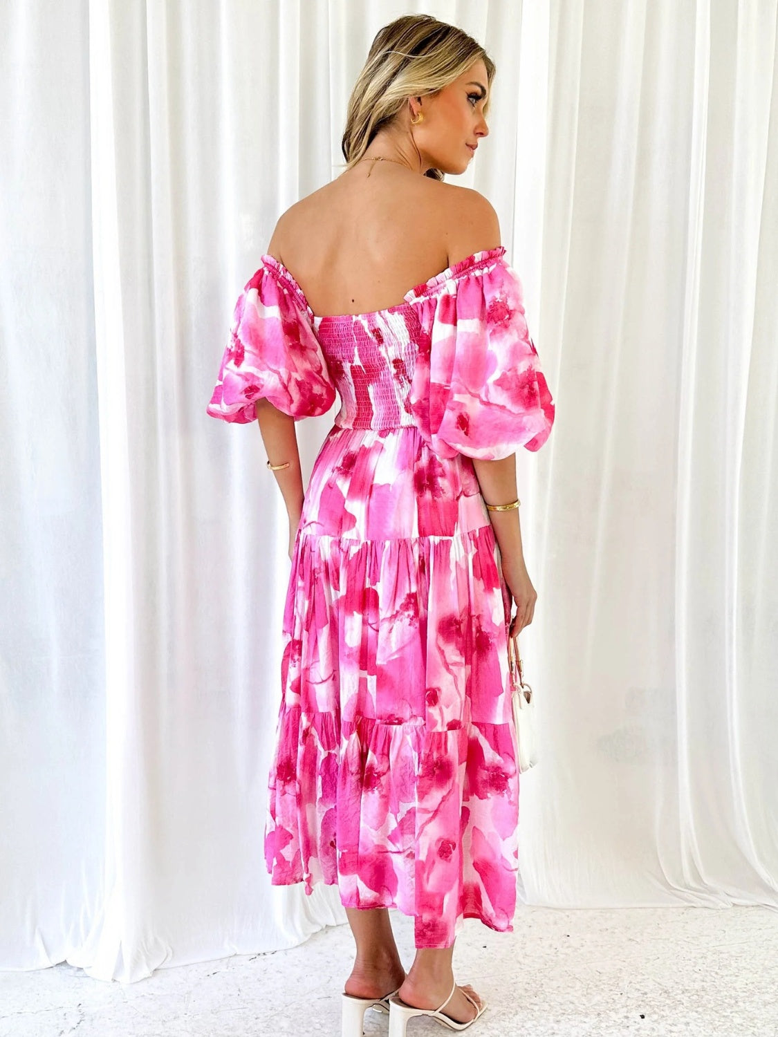 PRINTED SMOCKED OFF-SHOULDER TIERED DRESS - Evolve Elegance Boutique