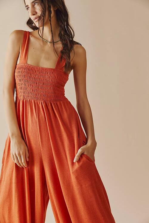 SMOCKED WIDE STRAP JUMPSUIT - Evolve Elegance Boutique