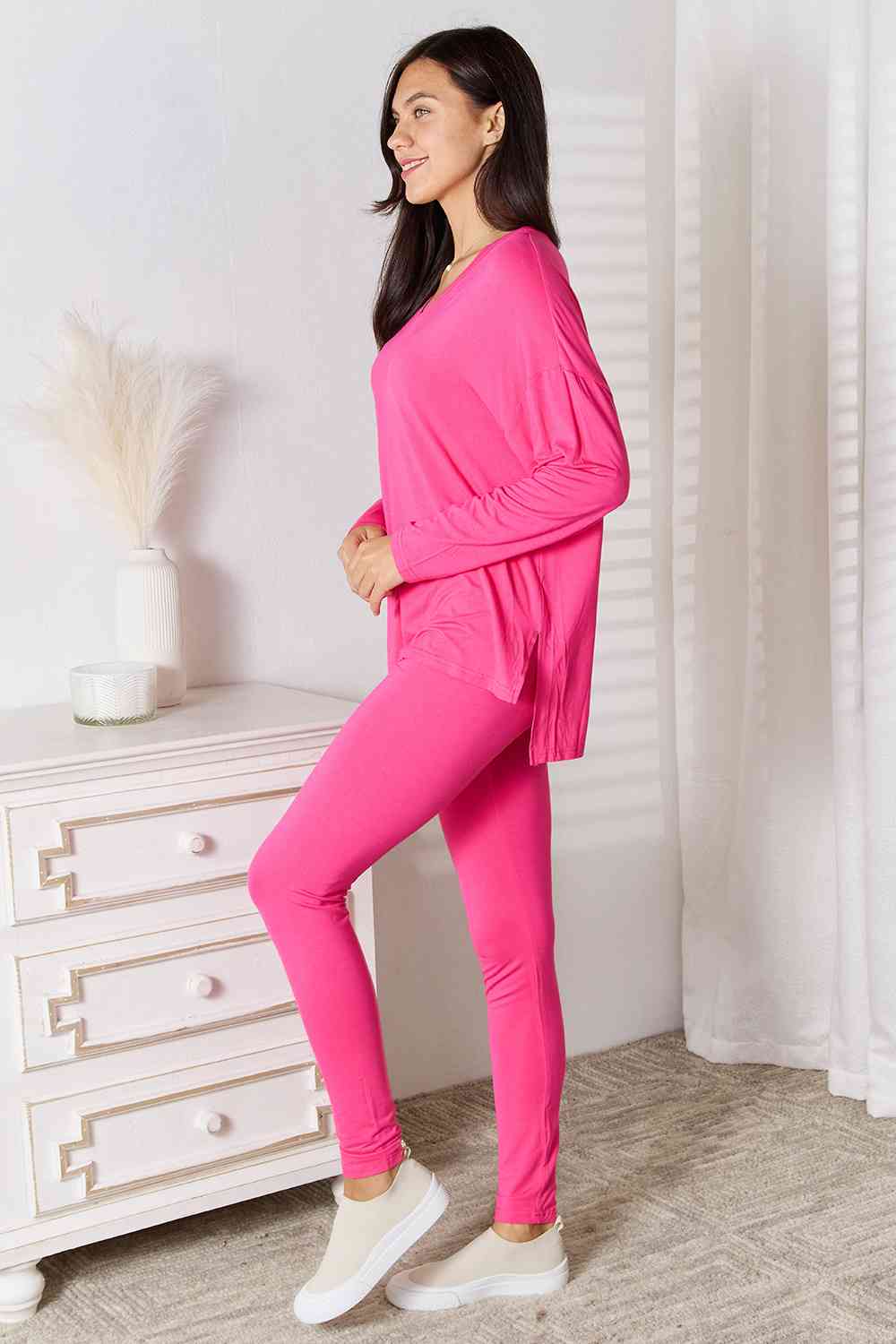 BASIC BAE FULL SIZE V-NECK SOFT RAYON LONG SLEEVE TOP AND PANTS LOUNGE SET - Evolve Elegance Boutique