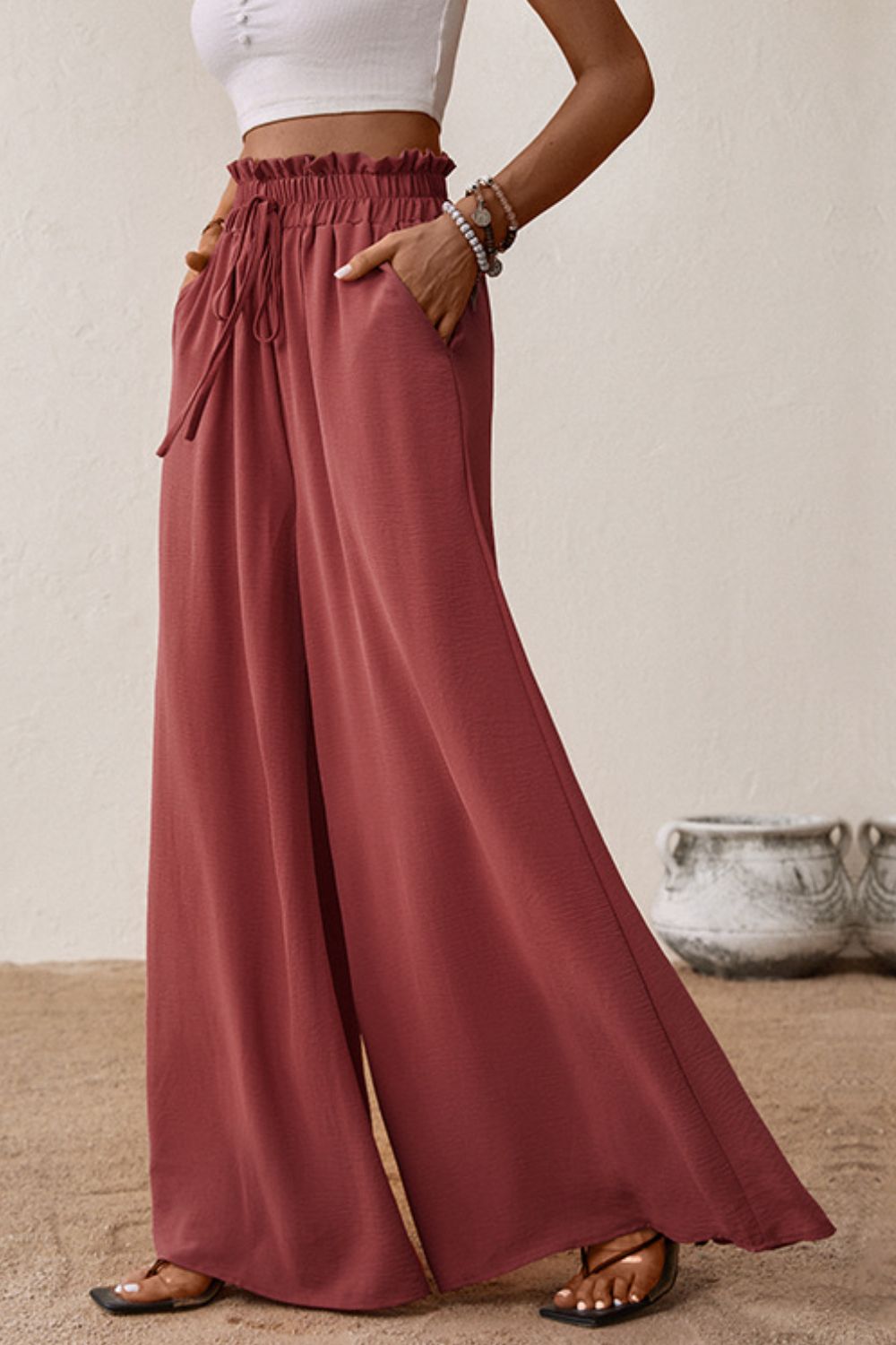 SMOCKED PAPERBAG WAIST WIDE LEG PANTS - Evolve Elegance Boutique
