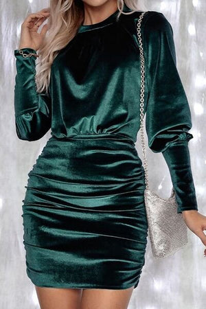 RUCHED ROUND NECK LANTERN SLEEVE MINI DRESS - Evolve Elegance Boutique
