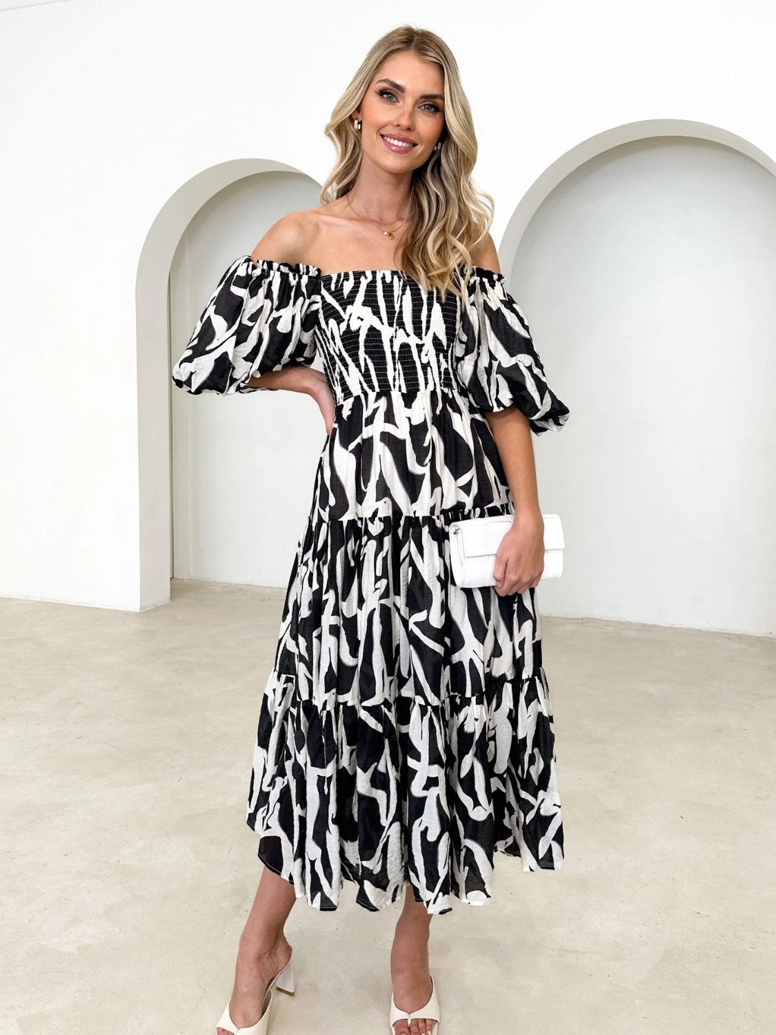 PRINTED SMOCKED OFF-SHOULDER TIERED DRESS - Evolve Elegance Boutique