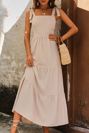 TIE SHOULDER SMOCKED TIERED DRESS - Evolve Elegance Boutique