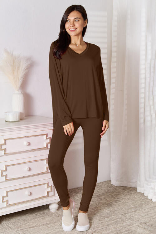 BASIC BAE FULL SIZE V-NECK SOFT RAYON LONG SLEEVE TOP AND PANTS LOUNGE SET - Evolve Elegance Boutique