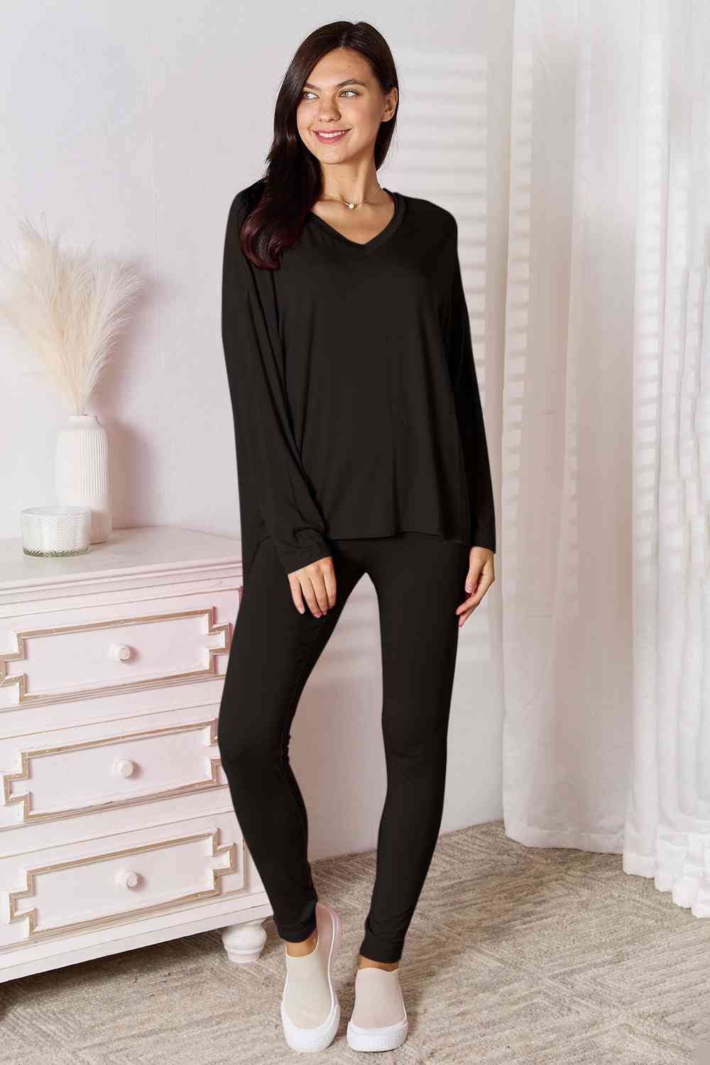 BASIC BAE FULL SIZE V-NECK SOFT RAYON LONG SLEEVE TOP AND PANTS LOUNGE SET - Evolve Elegance Boutique