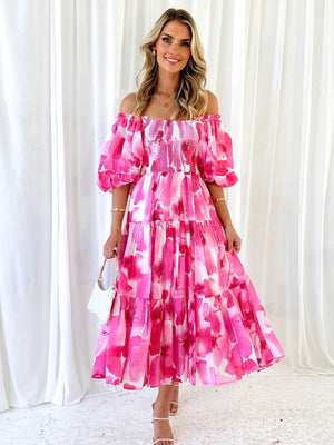 PRINTED SMOCKED OFF-SHOULDER TIERED DRESS - Evolve Elegance Boutique