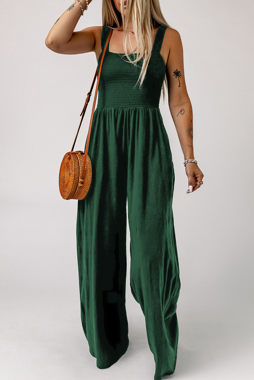 SMOCKED SQUARE NECK WIDE LEG JUMPSUIT WITH POCKETS - Evolve Elegance Boutique