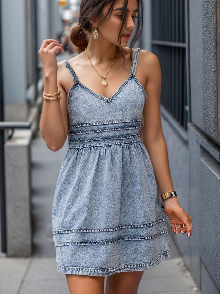 V-NECK SLEEVELESS DENIM DRESS - Evolve Elegance Boutique