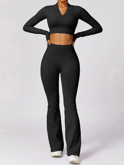 ZIP UP BASEBALL COLLAR OUTERWEAR AND HIGH WAIST PANTS ACTIVE SET - Evolve Elegance Boutique