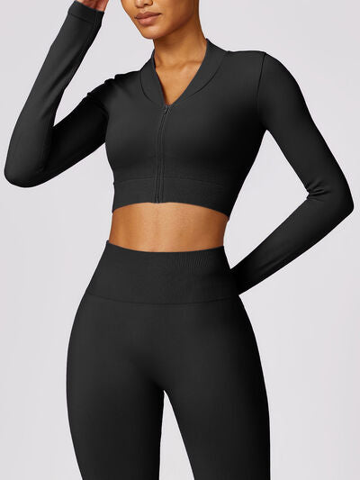 ZIP UP BASEBALL COLLAR OUTERWEAR AND HIGH WAIST PANTS ACTIVE SET - Evolve Elegance Boutique