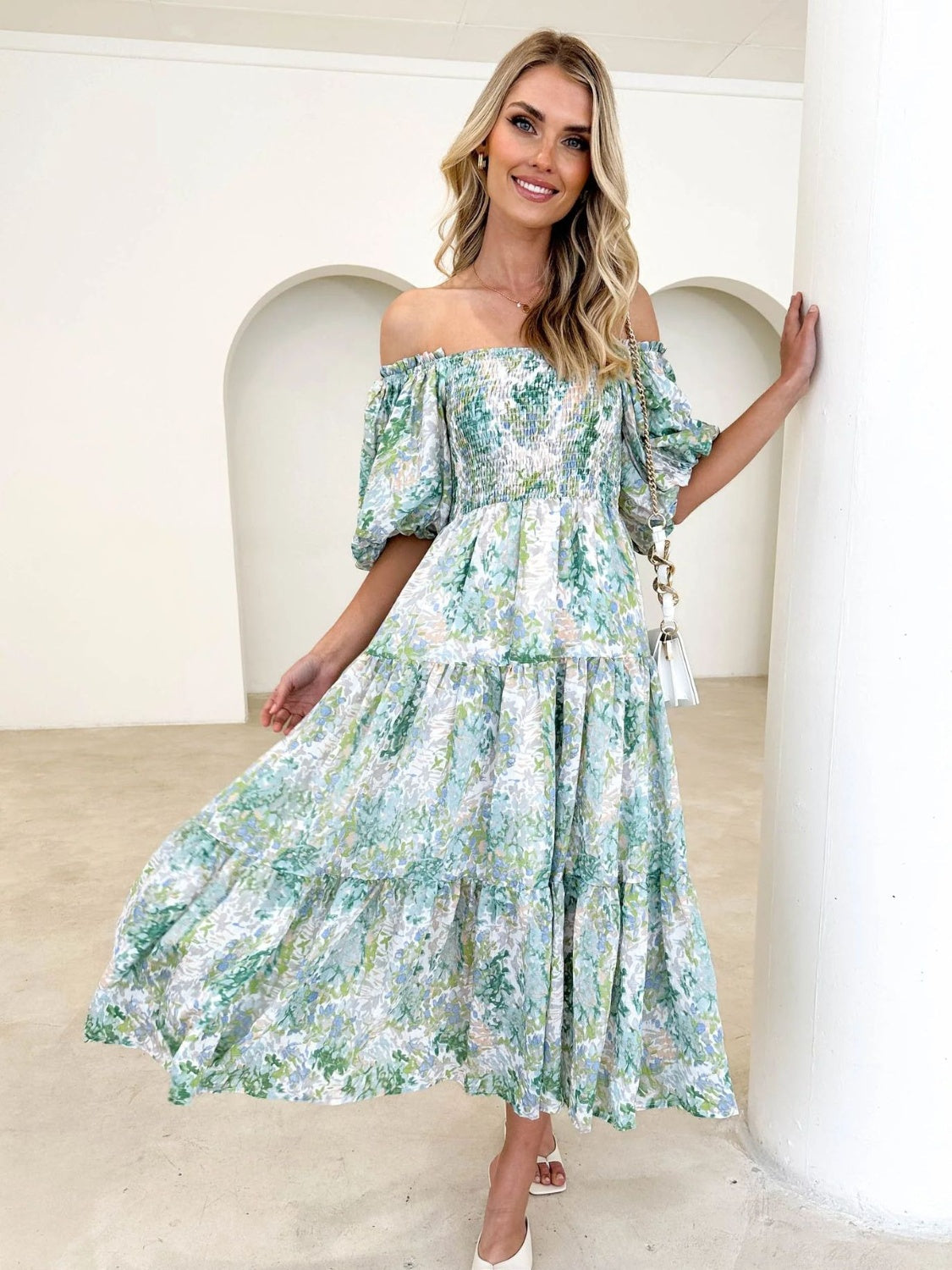 PRINTED SMOCKED OFF-SHOULDER TIERED DRESS - Evolve Elegance Boutique