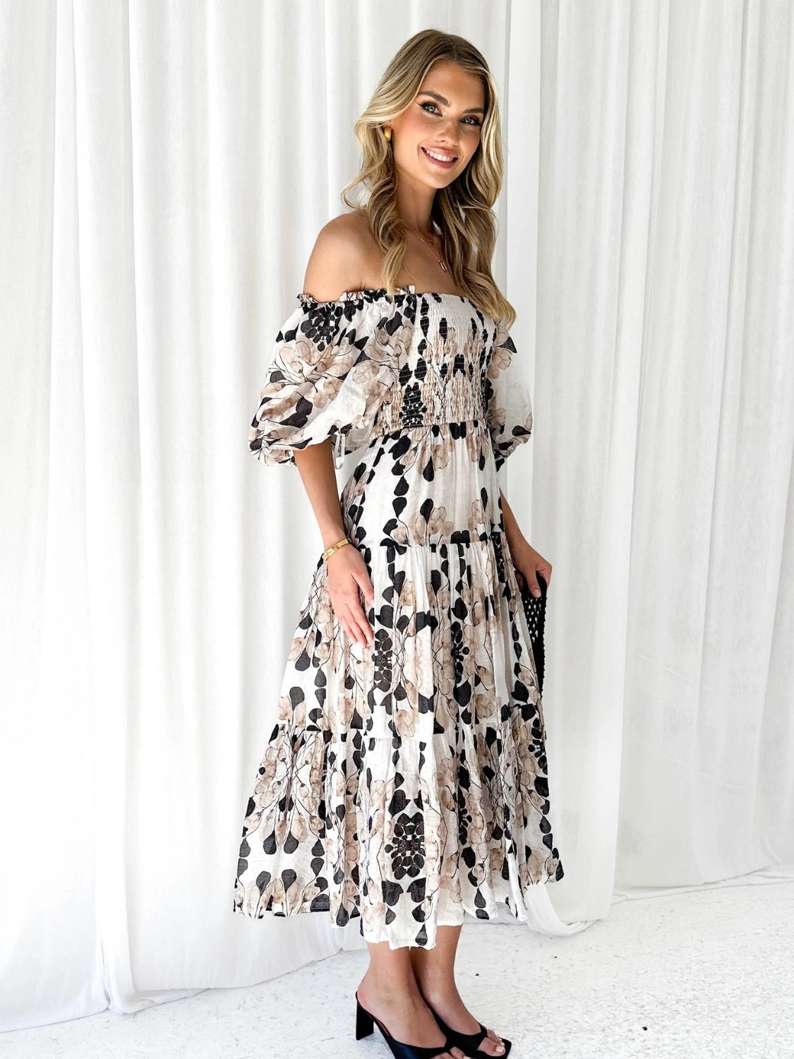 PRINTED SMOCKED OFF-SHOULDER TIERED DRESS - Evolve Elegance Boutique