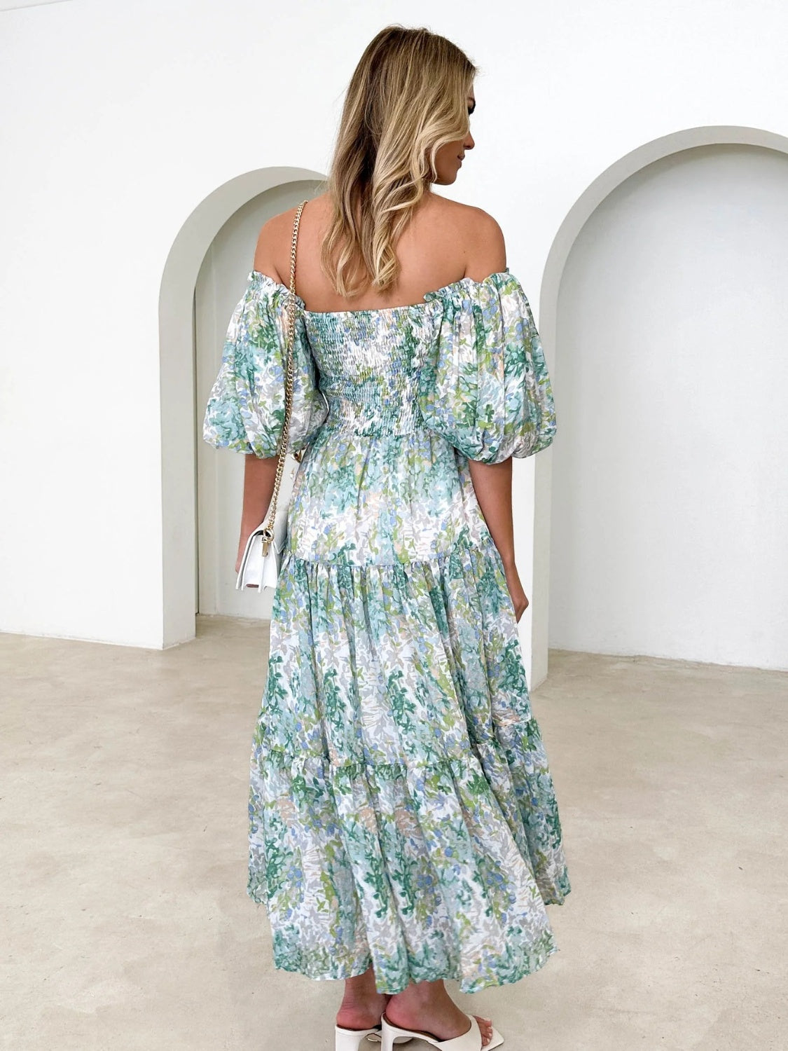 PRINTED SMOCKED OFF-SHOULDER TIERED DRESS - Evolve Elegance Boutique