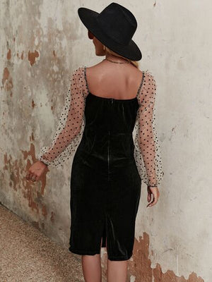 POLKA DOT MESH LONG SLEEVE RUFFLE TRIM DRESS - Evolve Elegance Boutique