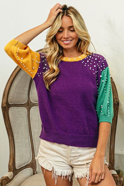 BIBI COLOR BLOCK PEARL DETAIL ROUND NECK SWEATER - Evolve Elegance Boutique