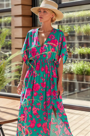 SLIT PRINTED V-NECK SHORT SLEEVE DRESS - Evolve Elegance Boutique