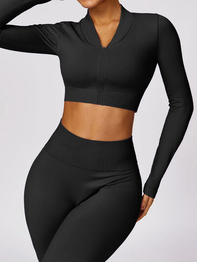 ZIP UP BASEBALL COLLAR OUTERWEAR AND HIGH WAIST PANTS ACTIVE SET - Evolve Elegance Boutique