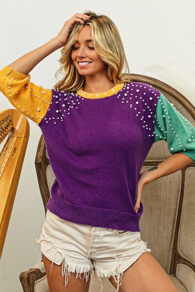BIBI COLOR BLOCK PEARL DETAIL ROUND NECK SWEATER - Evolve Elegance Boutique
