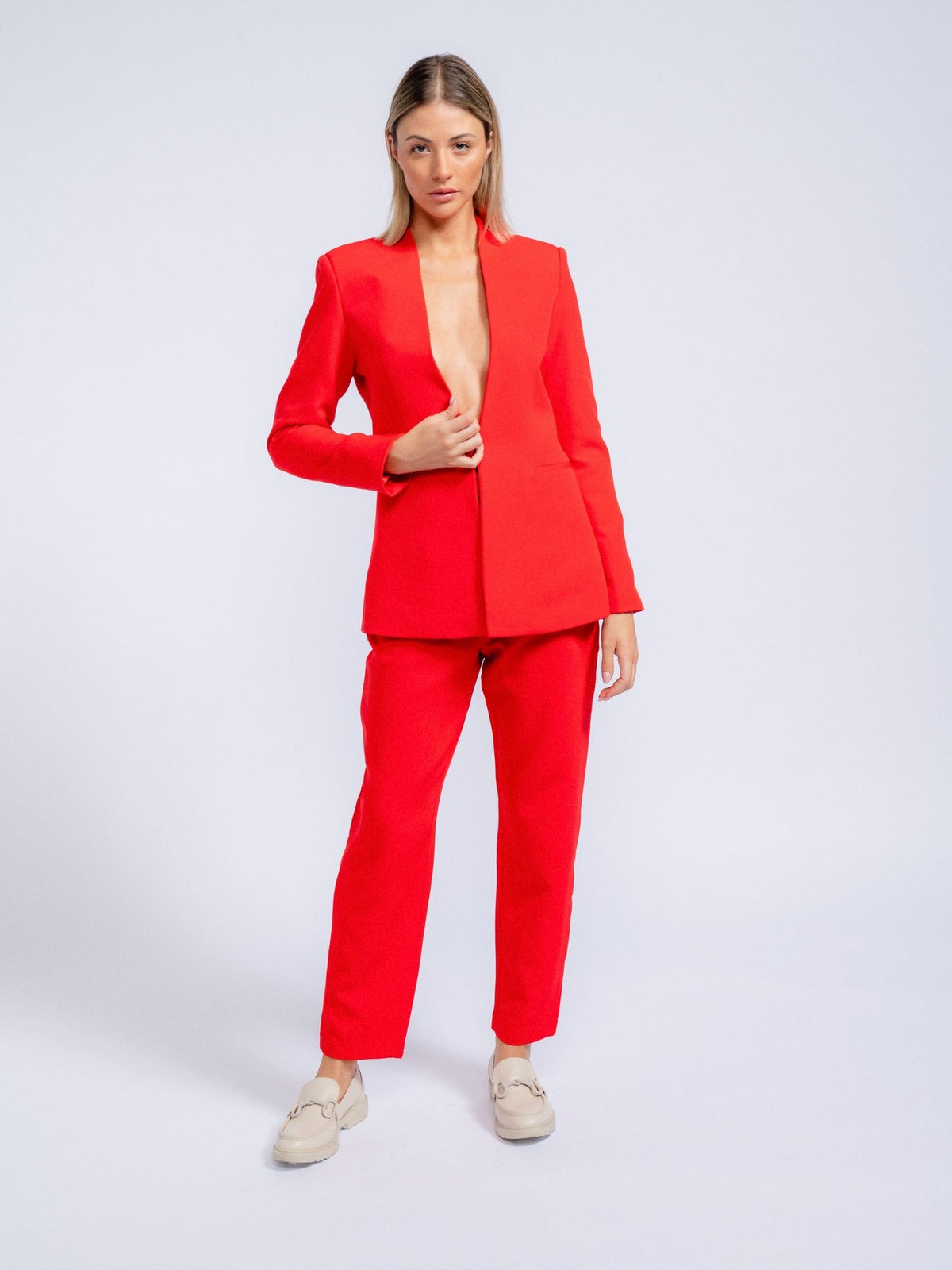 RED BLAZER WITH INVERTED LAPEL COLLAR - Evolve Elegance Boutique