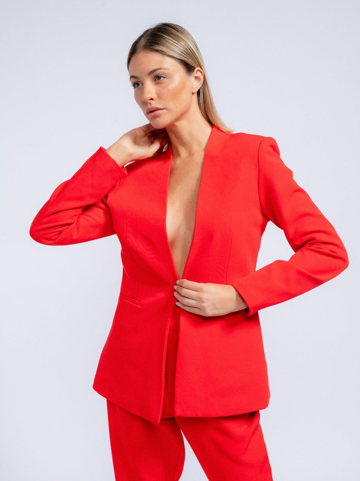 RED BLAZER WITH INVERTED LAPEL COLLAR - Evolve Elegance Boutique