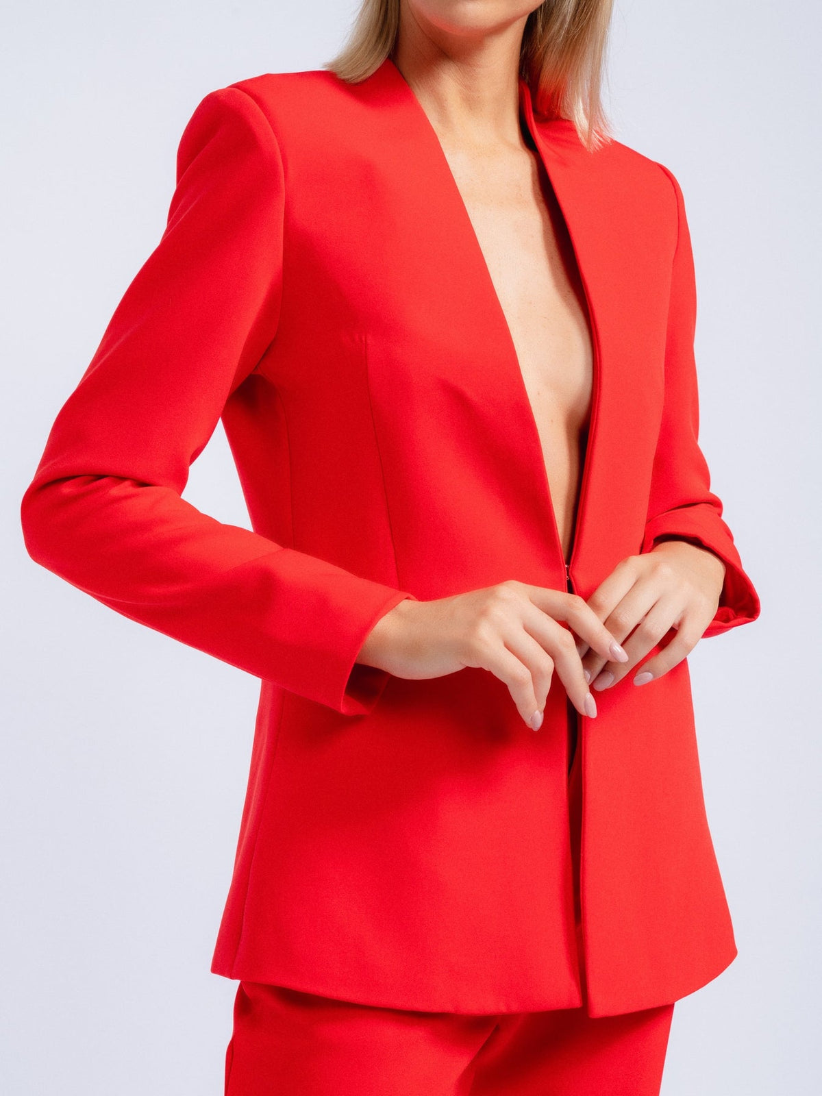 RED BLAZER WITH INVERTED LAPEL COLLAR - Evolve Elegance Boutique