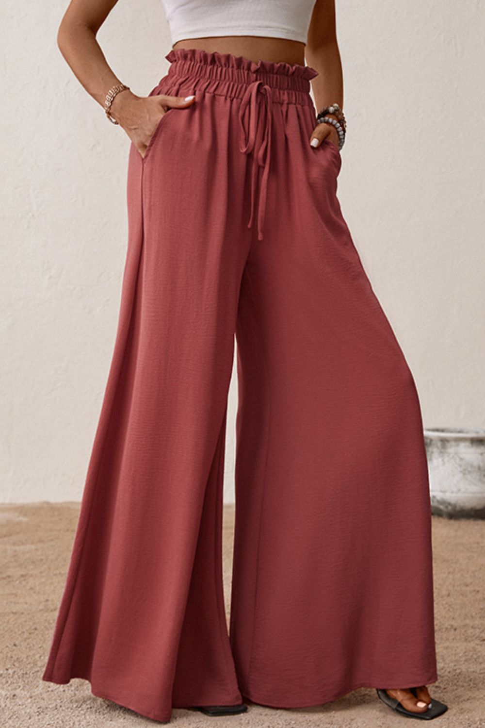 SMOCKED PAPERBAG WAIST WIDE LEG PANTS - Evolve Elegance Boutique