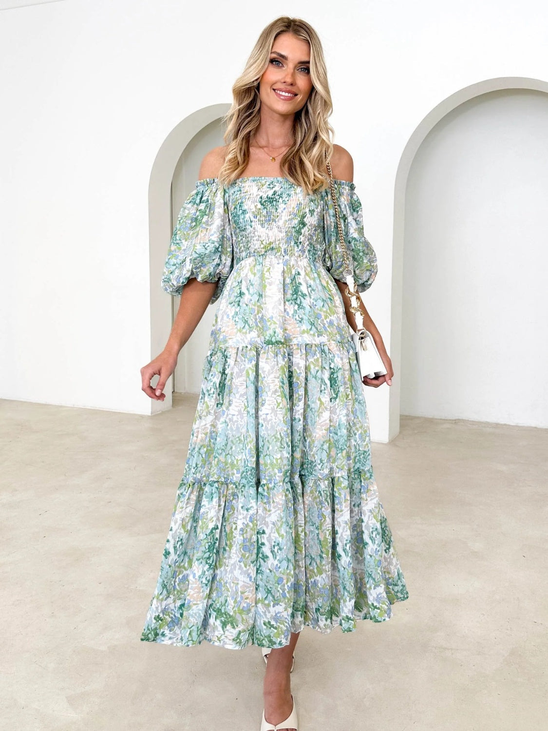 PRINTED SMOCKED OFF-SHOULDER TIERED DRESS - Evolve Elegance Boutique
