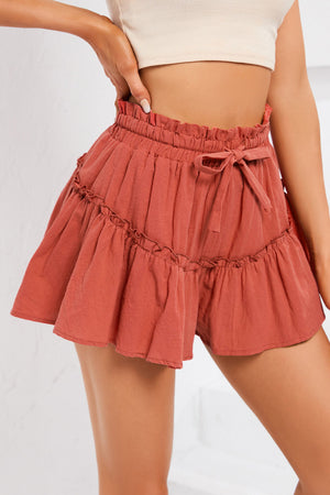 FRILL TRIM TIE WAIST SHORTS - Evolve Elegance Boutique