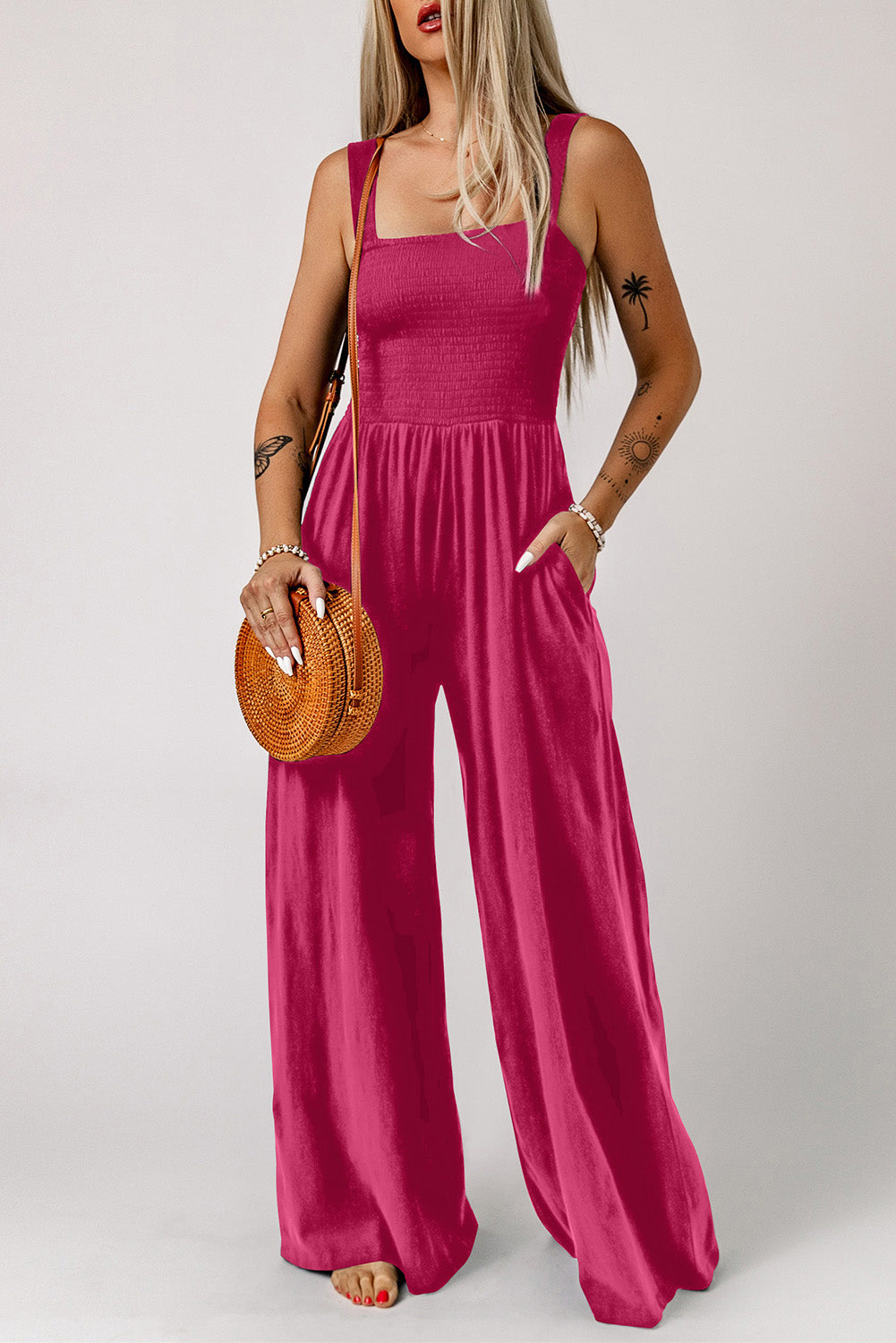 SMOCKED SQUARE NECK WIDE LEG JUMPSUIT WITH POCKETS - Evolve Elegance Boutique