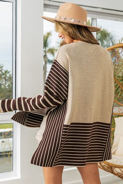 BIBI STRIPED CONTRAST LONG SLEEVE SLIT TOP - Evolve Elegance Boutique