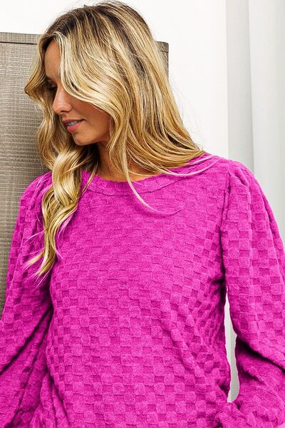 BIBI ROUND NECK BRUSHED CHECKER TOP - Evolve Elegance Boutique