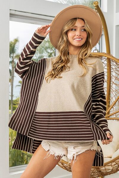 BIBI STRIPED CONTRAST LONG SLEEVE SLIT TOP - Evolve Elegance Boutique