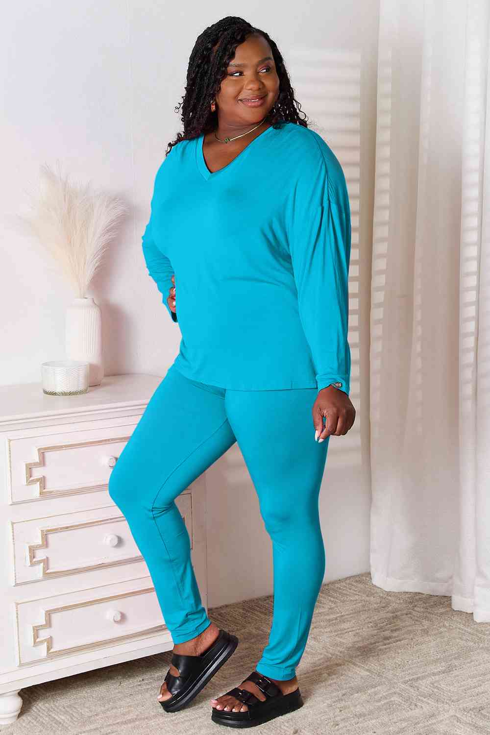 BASIC BAE FULL SIZE V-NECK SOFT RAYON LONG SLEEVE TOP AND PANTS LOUNGE SET - Evolve Elegance Boutique